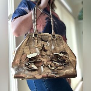 Patricia Nash Brown/Gold Leather Shoulder Bag | Genuine Leather & Floral Design
